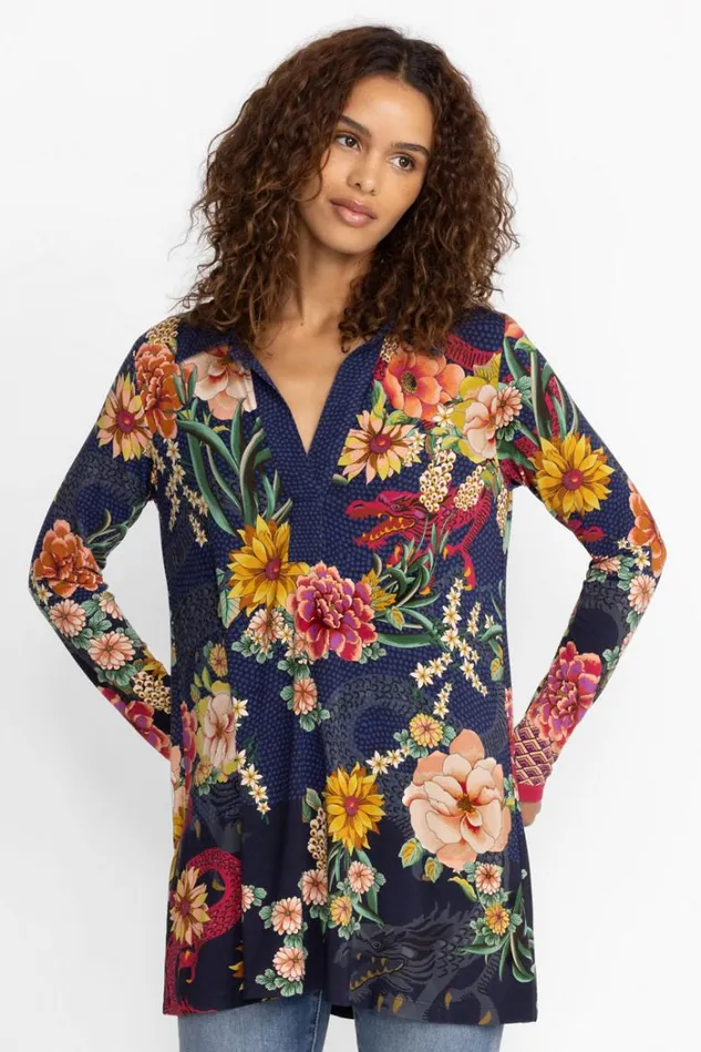 Women THE JANIE FAVORITE LONG SLEEVE POLO SWING TUNIC Dragona Johnny Was Tops