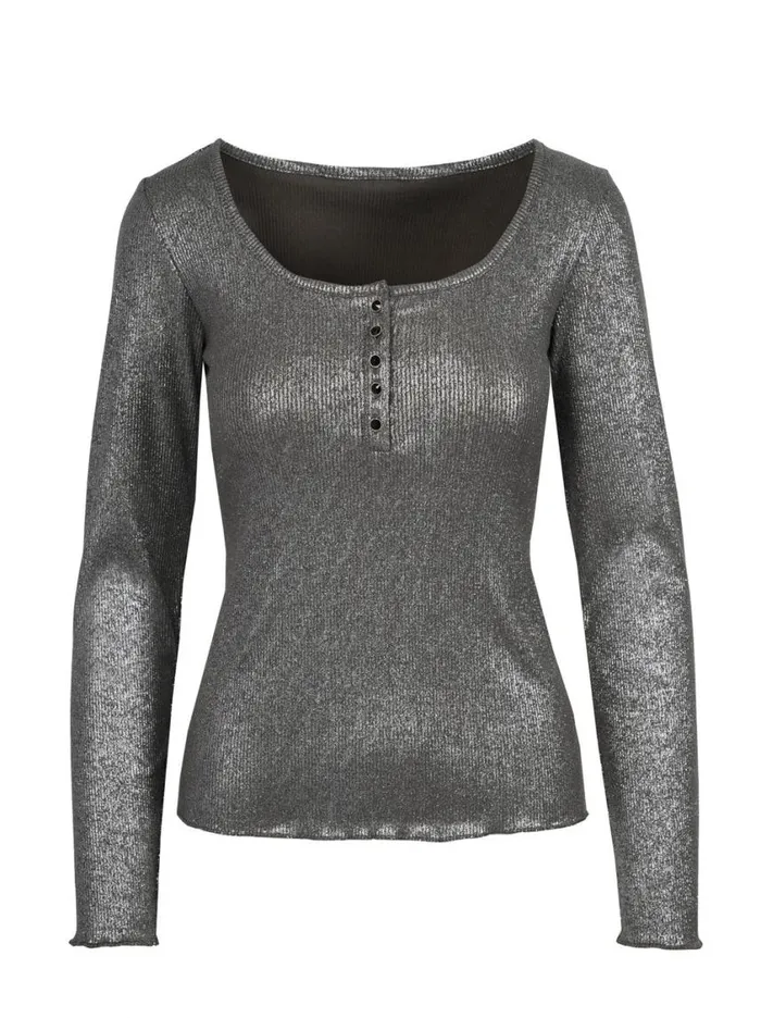 Women Tops and Tees Jessica Simpson Tahani Henley Top In Silver Grey