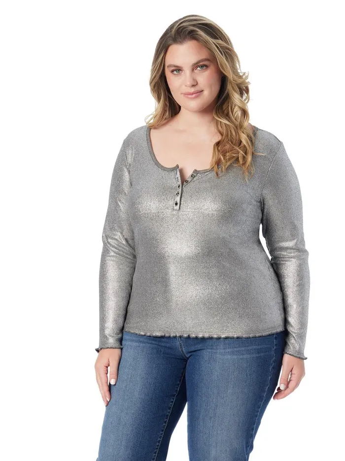 Women Tops and Tees Jessica Simpson Tahani Henley Top In Silver Grey