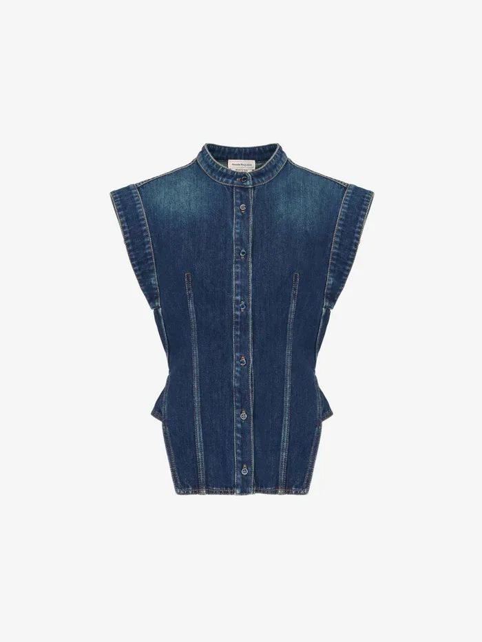 Women Tops And Shirts Alexander McQueen Cap Sleeve Denim Shirt Indigo