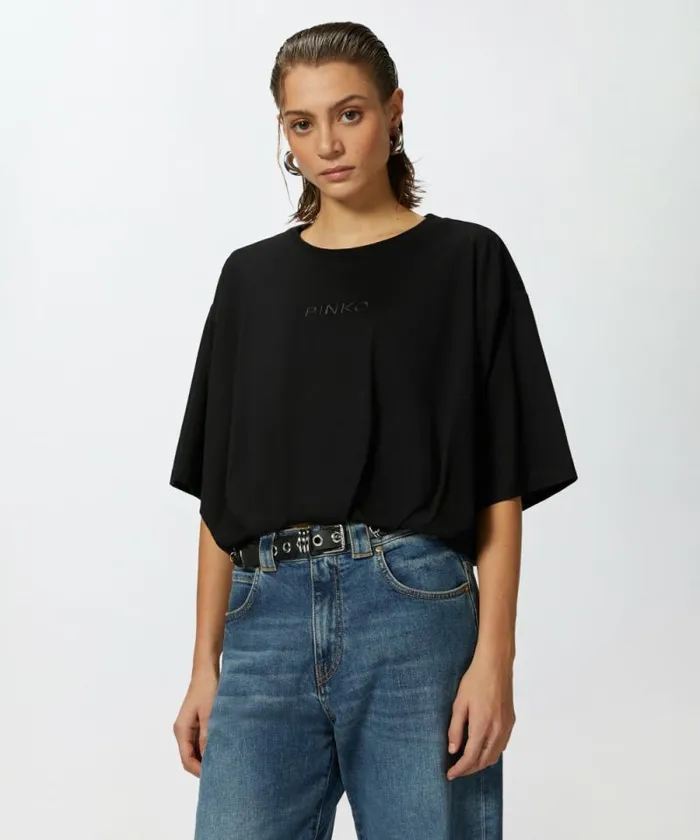 Women Topwear Pinko Cropped Jersey Tshirt With Embroidered Logo Limo Black