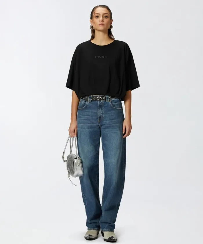 Women Topwear Pinko Cropped Jersey Tshirt With Embroidered Logo Limo Black Women Topwear Pinko Cropped Jersey Tshirt With Embroidered Logo Limo Black