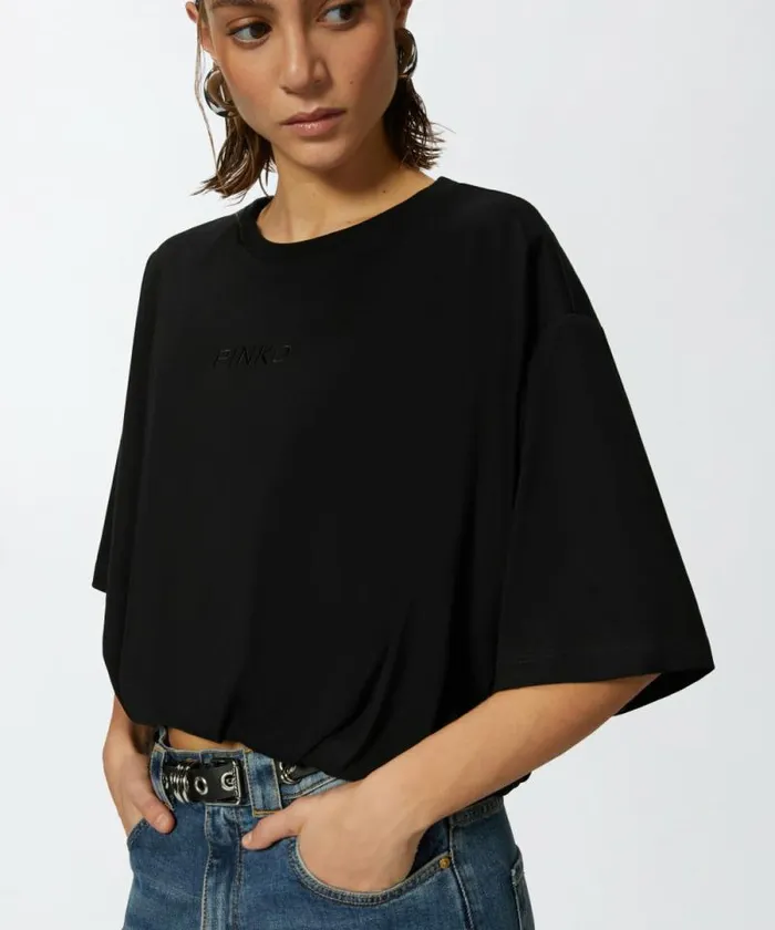 Women Topwear Pinko Cropped Jersey Tshirt With Embroidered Logo Limo Black Women Topwear Pinko Cropped Jersey Tshirt With Embroidered Logo Limo Black