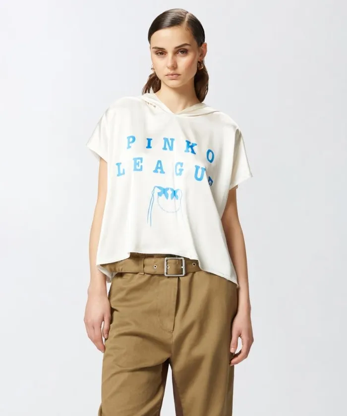 Women Topwear Pinko Hooded Blouse With PINKO League Print Whitecornf Blue