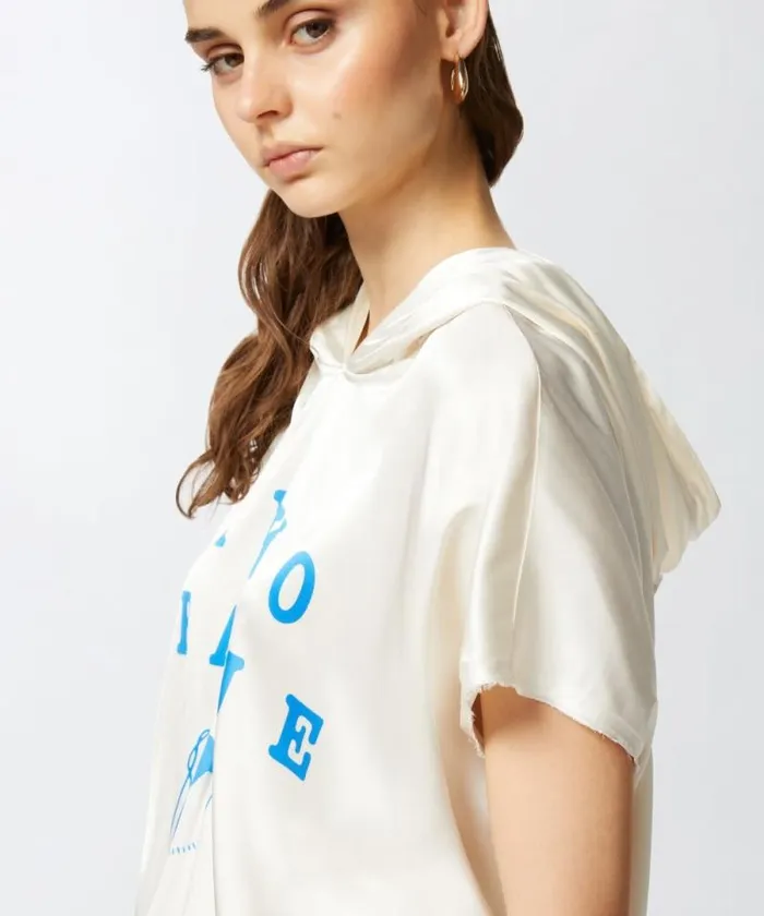 Women Topwear Pinko Hooded Blouse With PINKO League Print Whitecornf Blue Women Topwear Pinko Hooded Blouse With PINKO League Print Whitecornf Blue