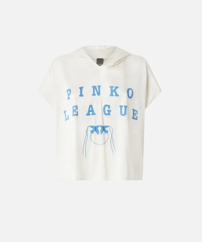 Women Topwear Pinko Hooded Blouse With PINKO League Print Whitecornf Blue Women Topwear Pinko Hooded Blouse With PINKO League Print Whitecornf Blue