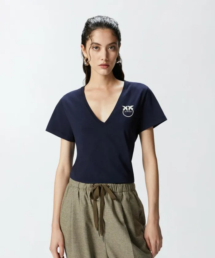 Women Topwear Pinko Logo Print Vneck Tshirt Total Eclipse Blue