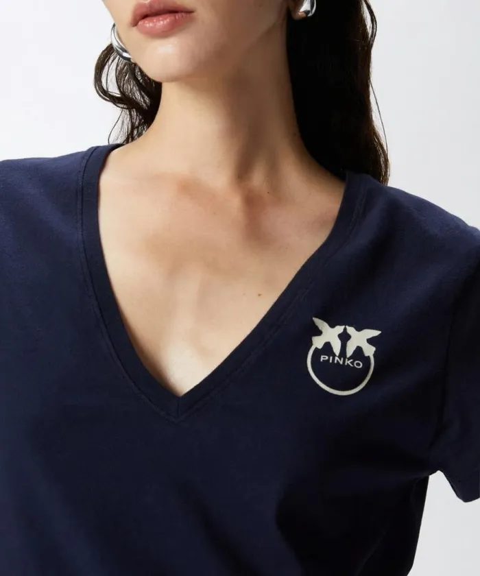 Women Topwear Pinko Logo Print Vneck Tshirt Total Eclipse Blue Women Topwear Pinko Logo Print Vneck Tshirt Total Eclipse Blue