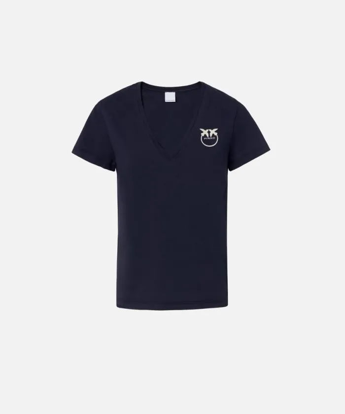Women Topwear Pinko Logo Print Vneck Tshirt Total Eclipse Blue Women Topwear Pinko Logo Print Vneck Tshirt Total Eclipse Blue