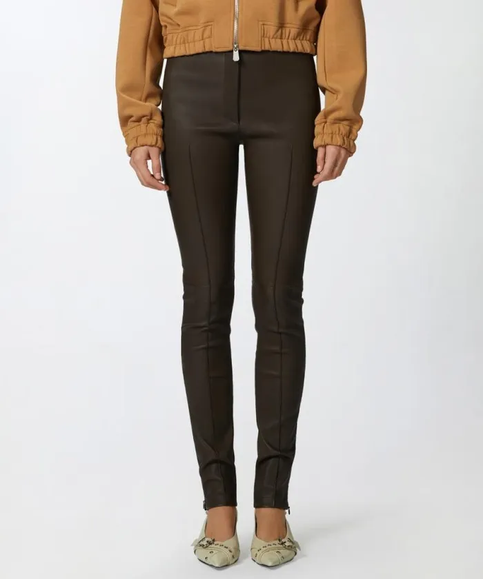 Women Trousers Pinko Fitted Nappa Leather Trousers With Zipped Hems Java Brown Women Trousers Pinko Fitted Nappa Leather Trousers With Zipped Hems Java Brown