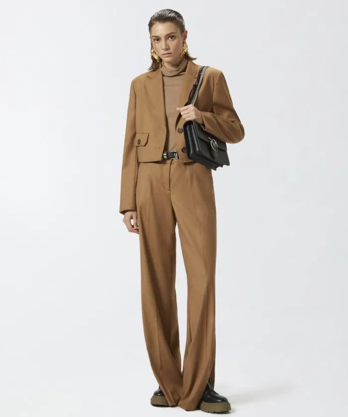 Women Trousers Pinko Stretch Wool Flannel Palazzo Trousers Walnut Brown