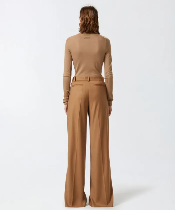 Women Trousers Pinko Stretch Wool Flannel Palazzo Trousers Walnut Brown Women Trousers Pinko Stretch Wool Flannel Palazzo Trousers Walnut Brown