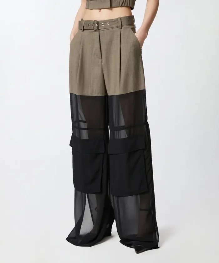 Women Trousers Pinko Wideleg Cargo Trousers With Semisheer Georgette Flask Brown Women Trousers Pinko Wideleg Cargo Trousers With Semisheer Georgette Flask Brown