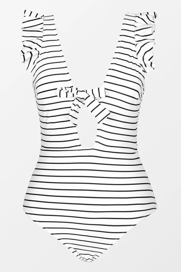 Women Tummy Control Swimsuits Cupshe White And Black Stripe Ruffle One Piece Swimsuit Whiteblack