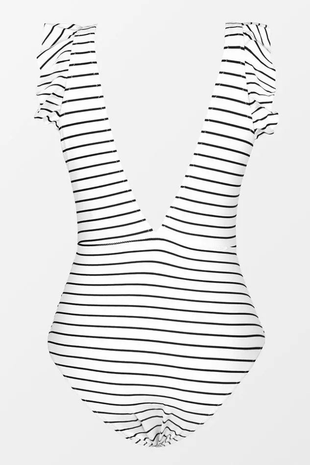 Women Tummy Control Swimsuits Cupshe White And Black Stripe Ruffle One Piece Swimsuit Whiteblack