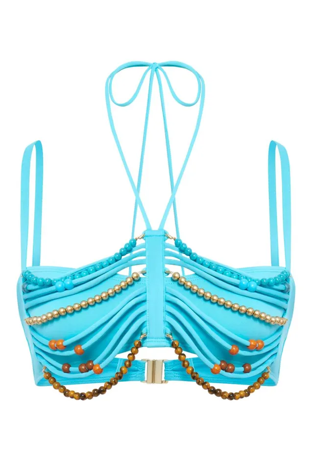 Women Turquoise Draped Beaded Bikini Top Jaded London Bikini Tops
