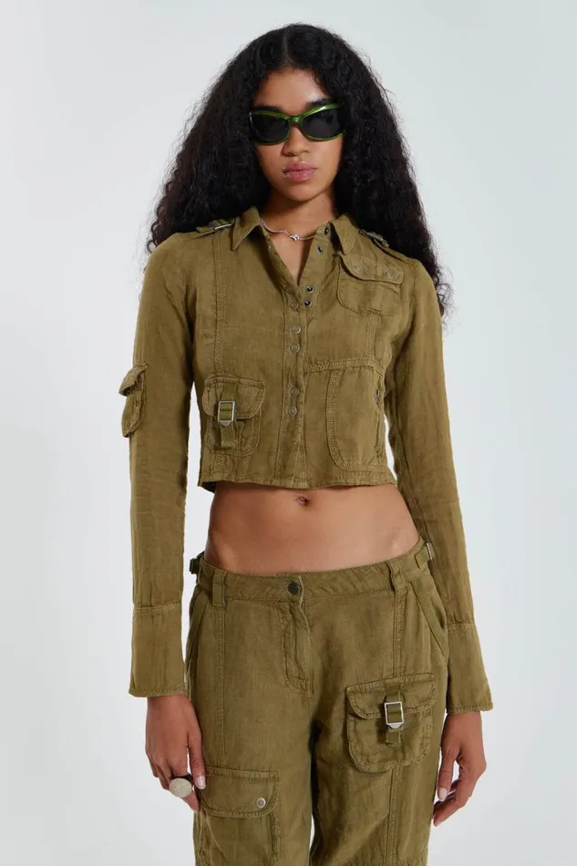Women Y2K Khaki Linen Cargo Shirt Jaded London CoOrds