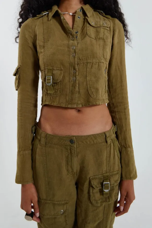 Women Y2K Khaki Linen Cargo Shirt Jaded London CoOrds