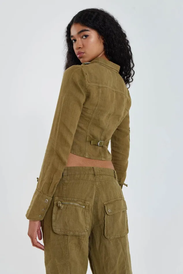 Women Y2K Khaki Linen Cargo Shirt Jaded London CoOrds