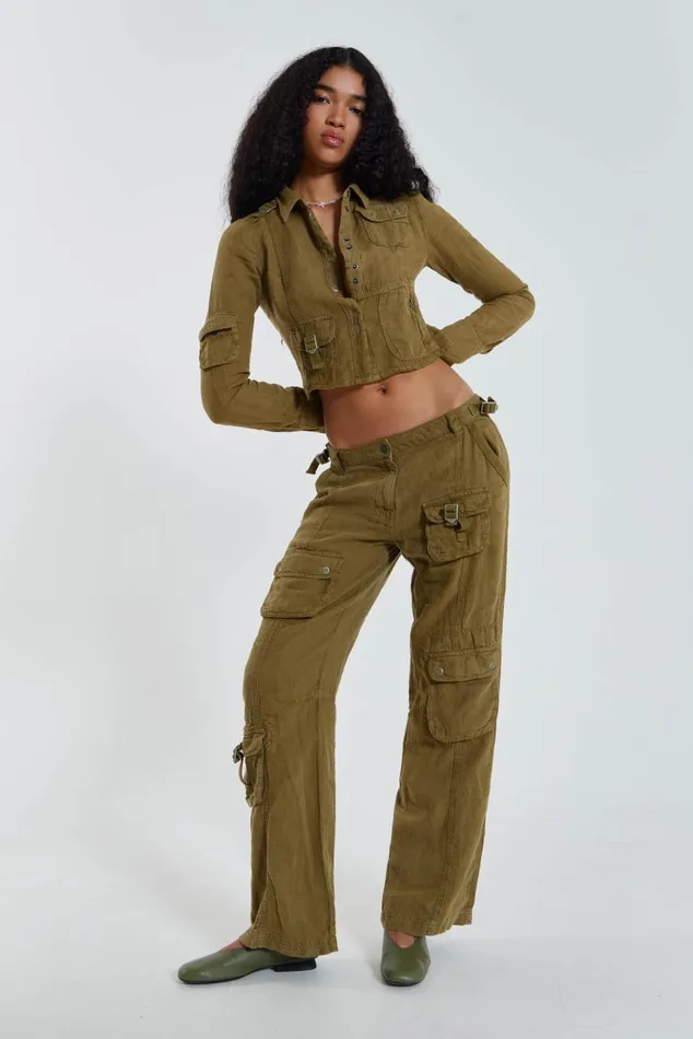 Women Y2K Khaki Linen Cargo Shirt Jaded London CoOrds