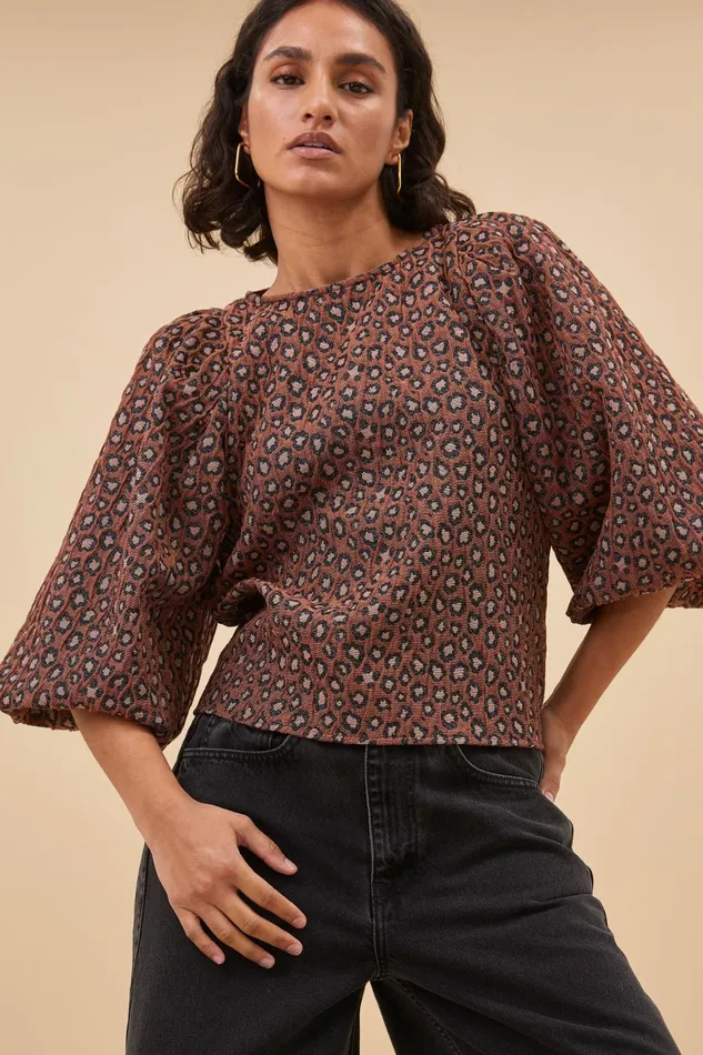 Women Zasu Jacquard Blouse Brown Panter Print Bybar Blouses Women Zasu Jacquard Blouse Brown Panter Print Bybar Blouses