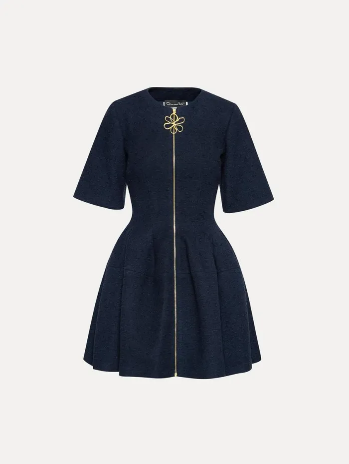 Women Zip Front Tweed Dress Navy Oscar De La Renta Dresses